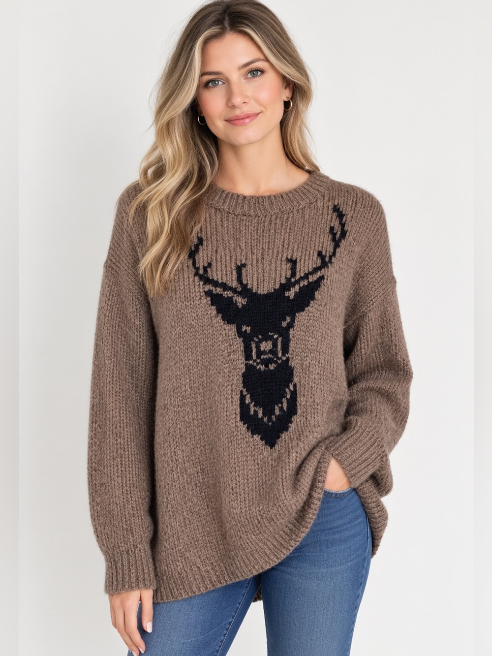 Wooden Ships Tan Crewneck Sweater with Black Deer Intarsia Mohair Blend SZ S